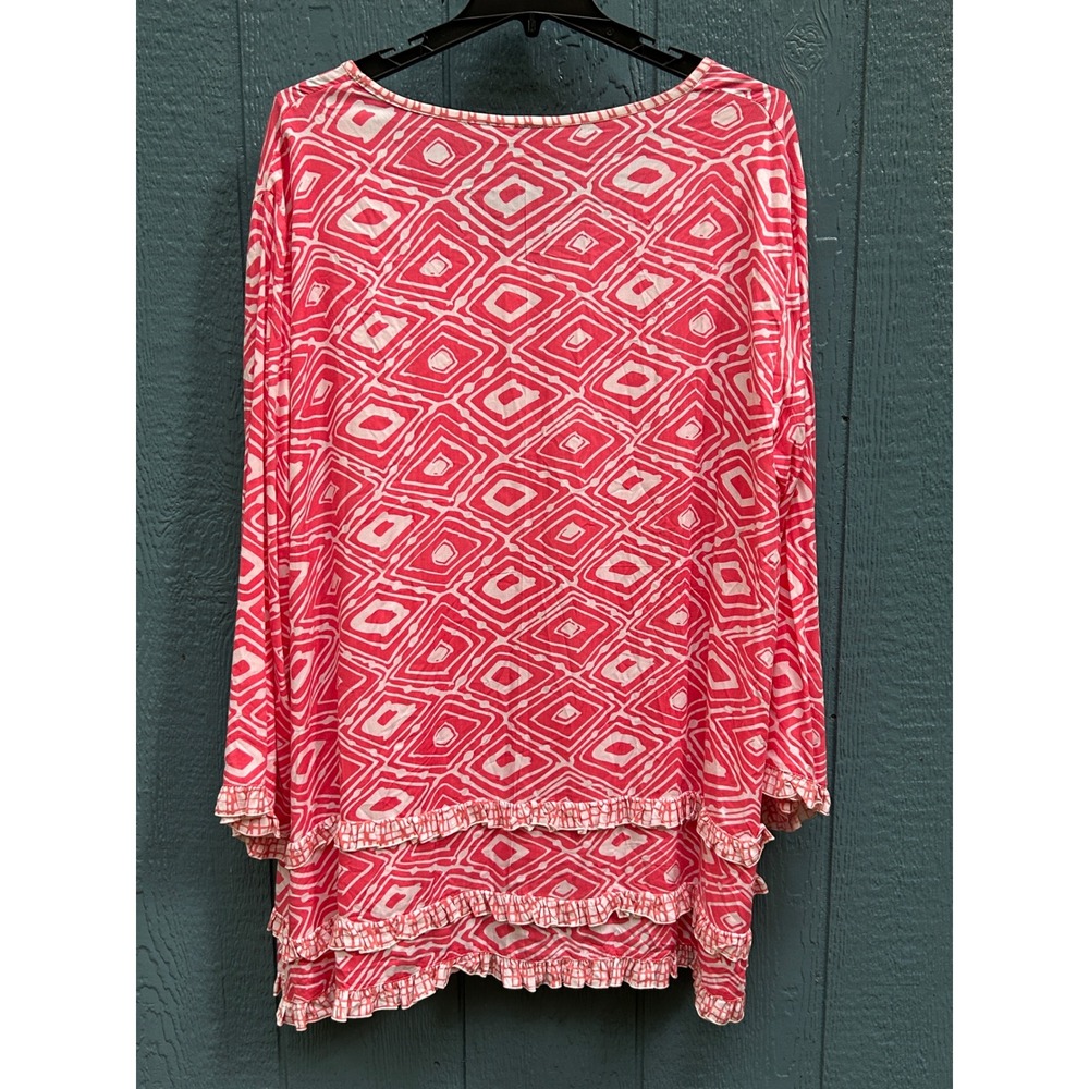Anna‎ Ocean Women's 3X Pink White Diamond Print Tiered Ruffle Long Sleeve Top - Picture 5 of 5